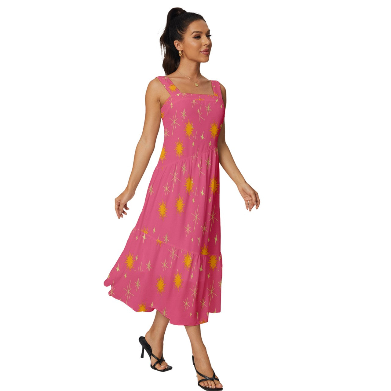 Pink Whimsy Square Neck Tiered Midi Dress