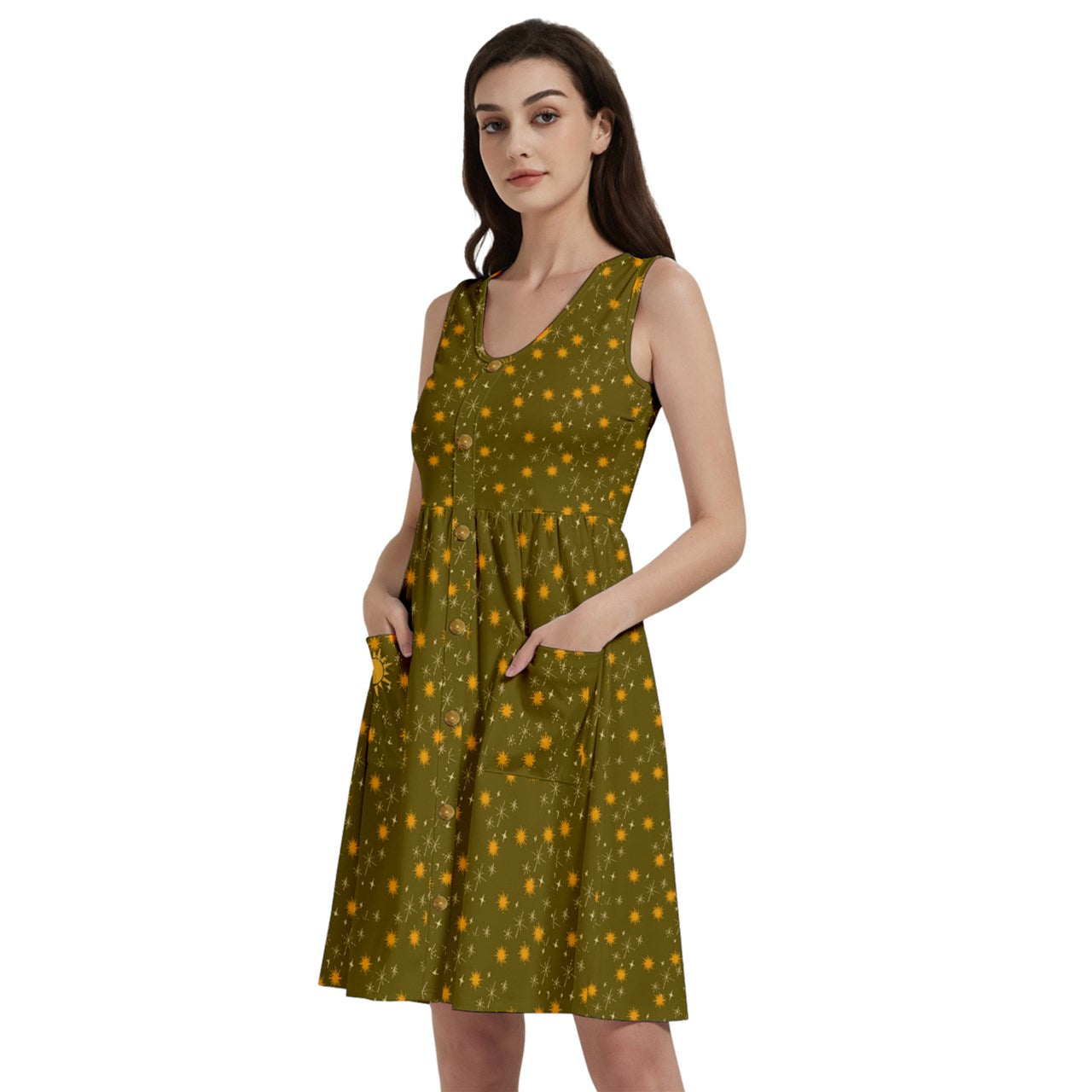 Green Whimsy Button Dress With Pocket