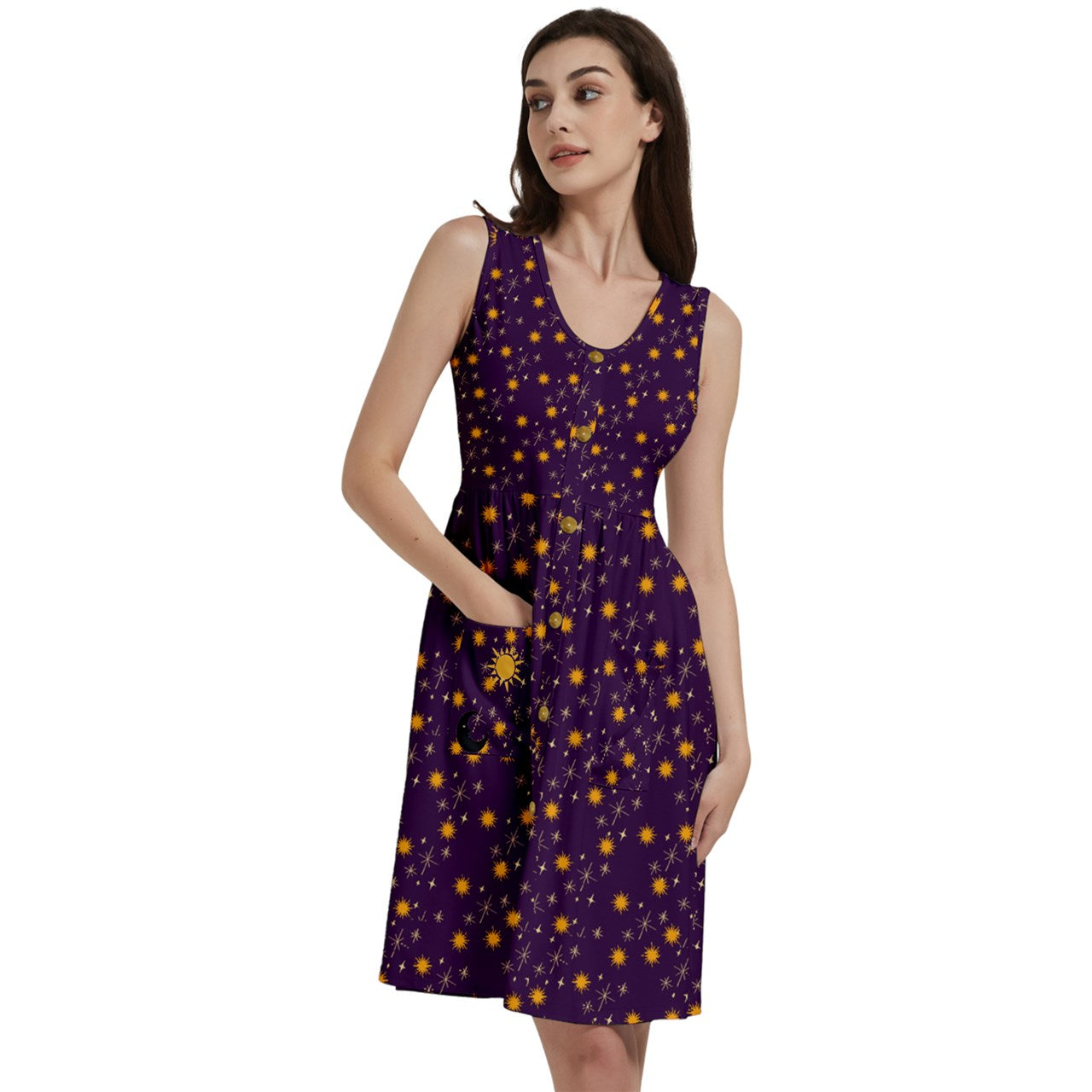 Purple Whimsy Button Dress With Pocket