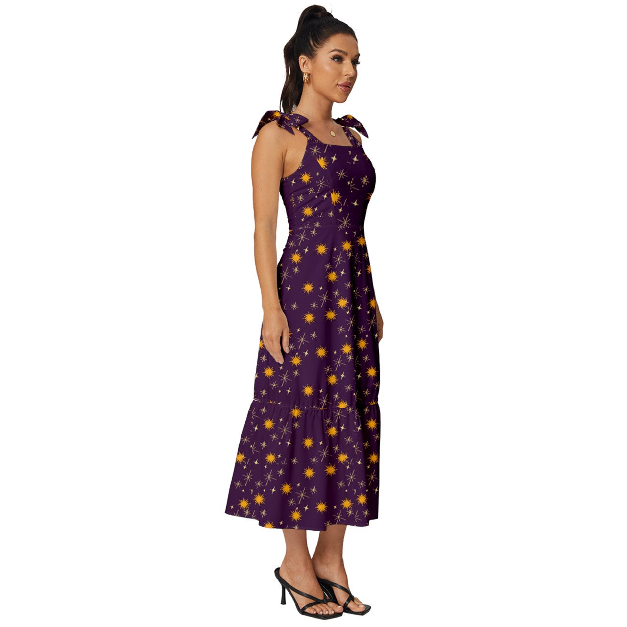Purple Whimsy Tie-Strap Tiered Midi Chiffon Dress