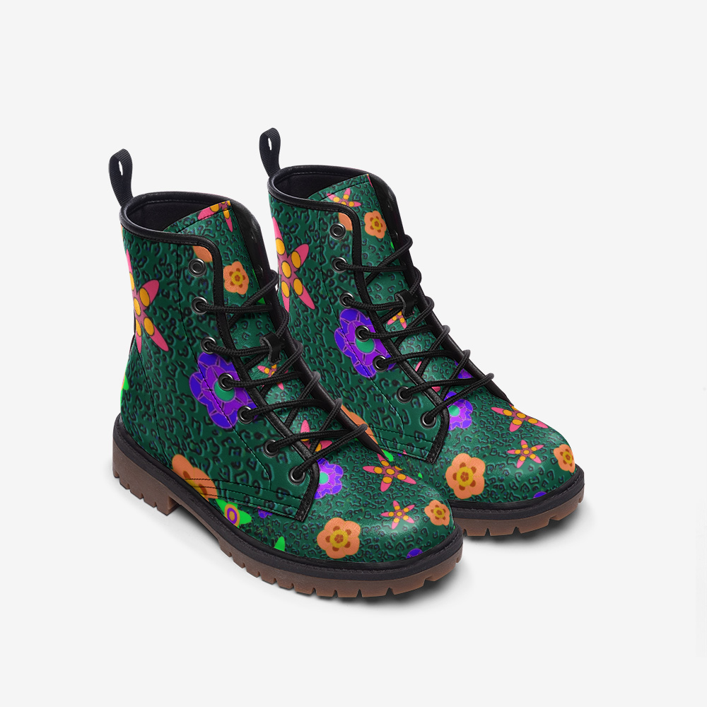 Cheeta Flower Print Leather Boots