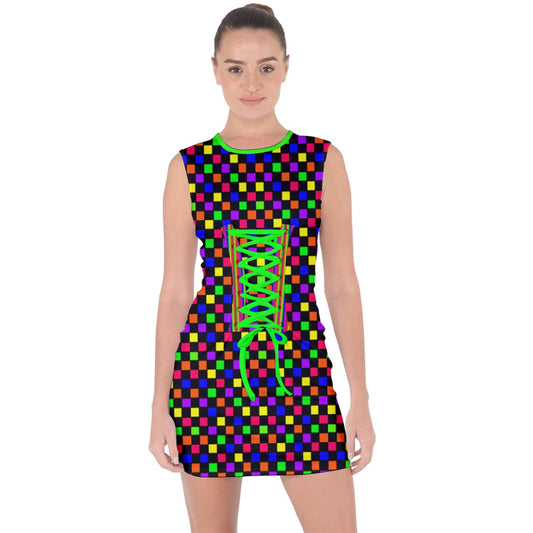 rainbow checker Lace Up Front Bodycon Dress