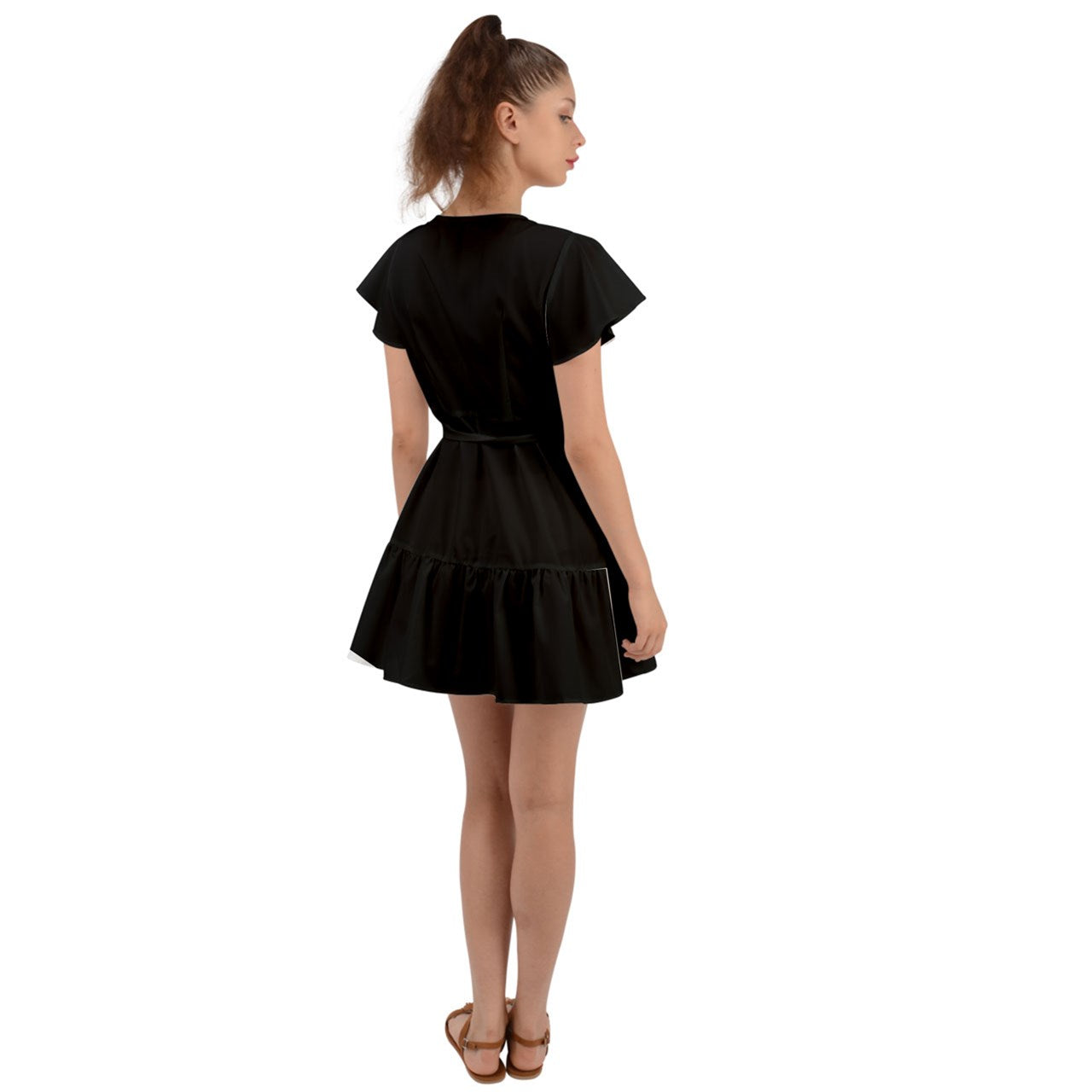 all black Flutter Sleeve Wrap Dress