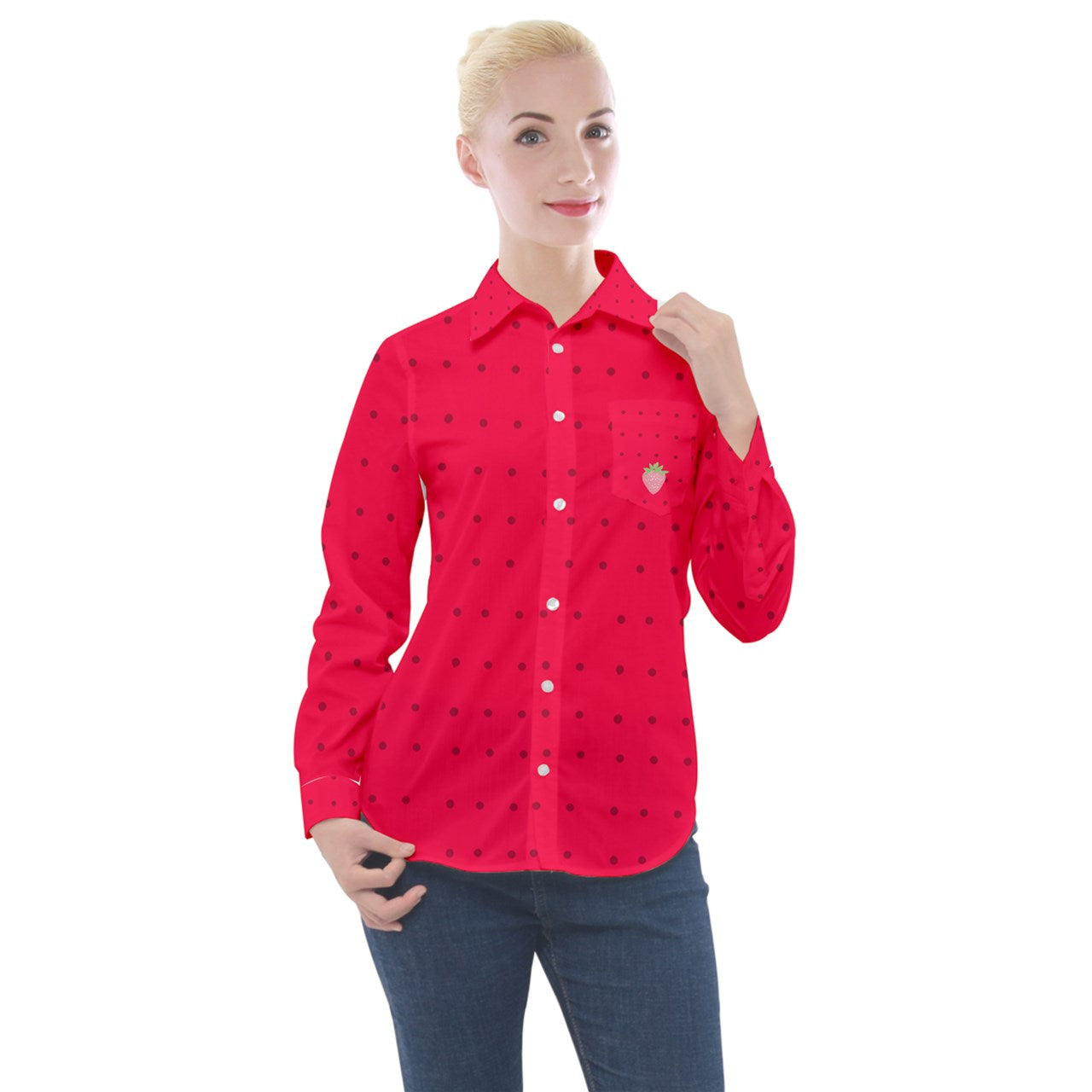 strawberries red dot Long Sleeve Pocket Shirt