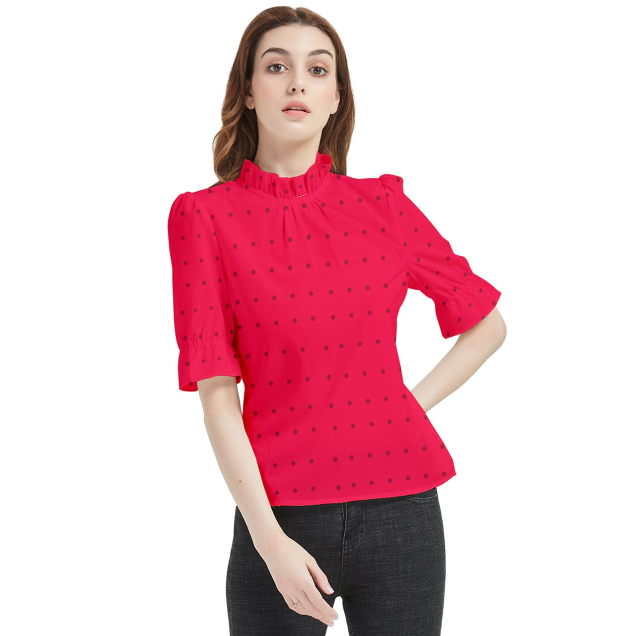 strawberries red dot Frill Neck Blouse