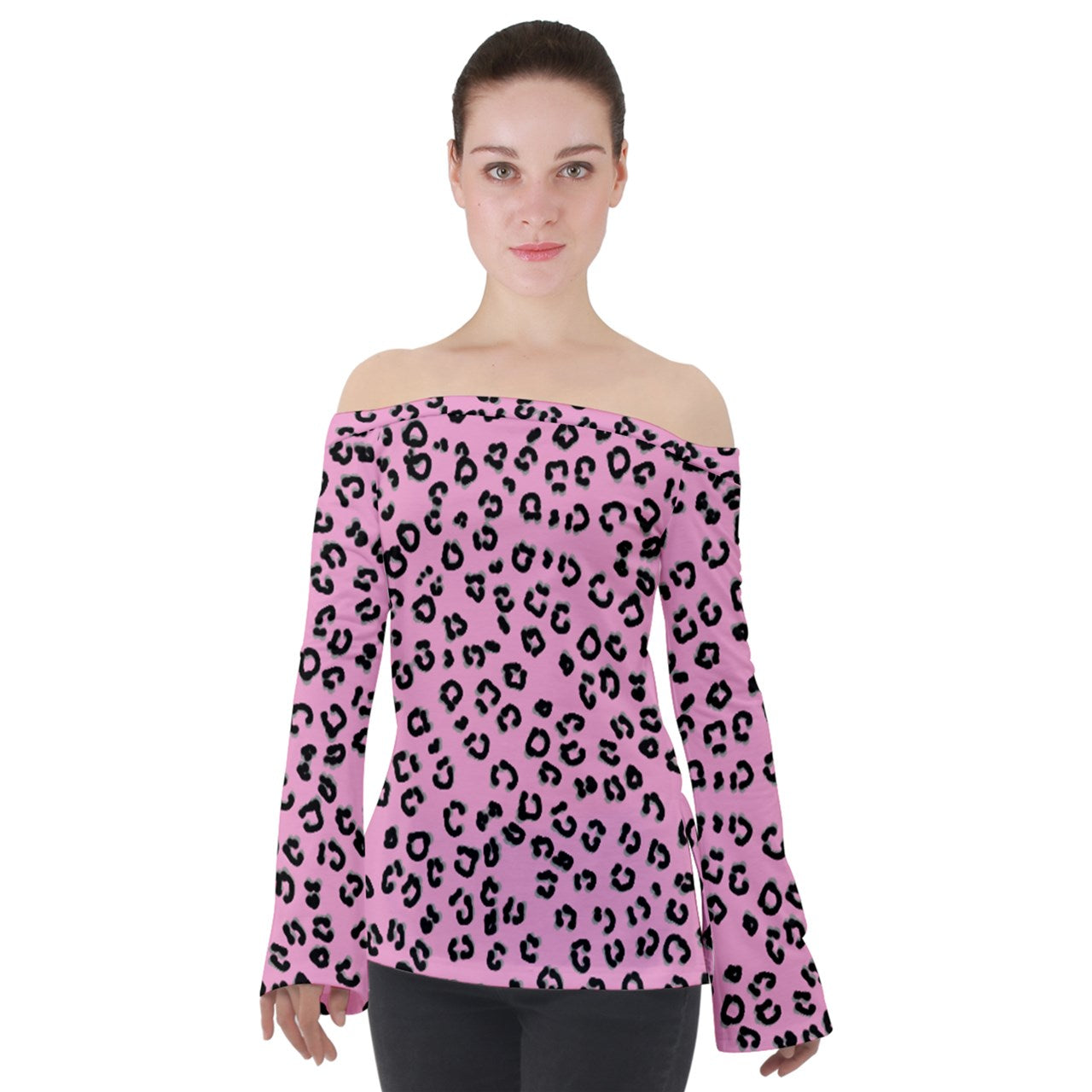 pink cheetah Off Shoulder Long Sleeve Top