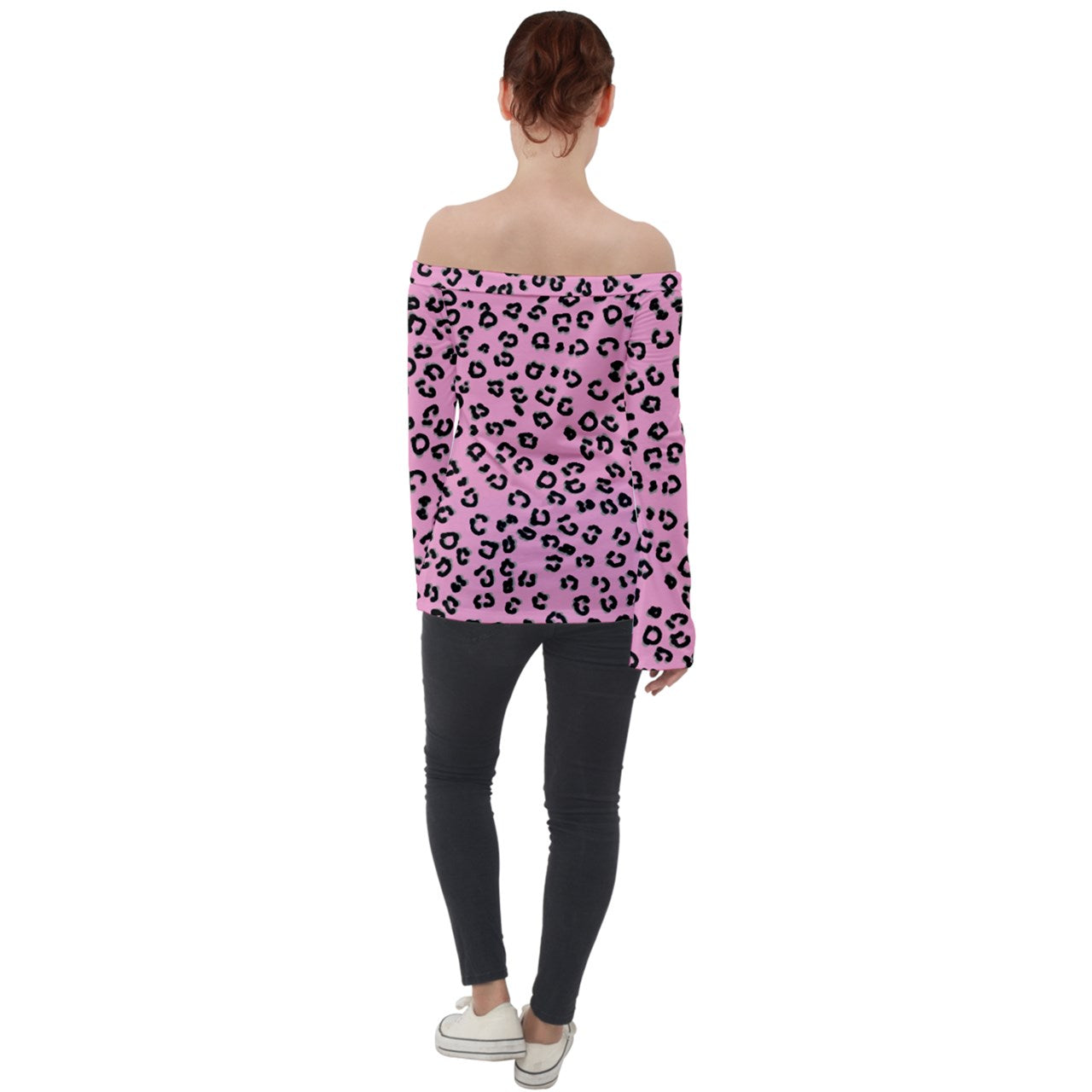pink cheetah Off Shoulder Long Sleeve Top