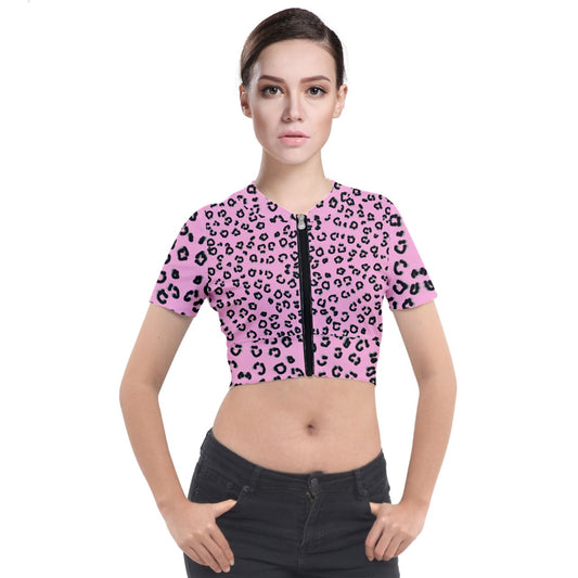 pink cheetah Short Sleeve Cropped Jacket