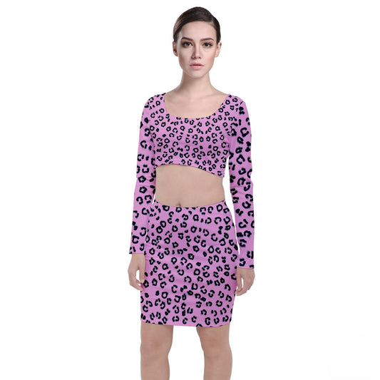 pink cheetah Long Sleeve Crop Top & Bodycon Skirt Set