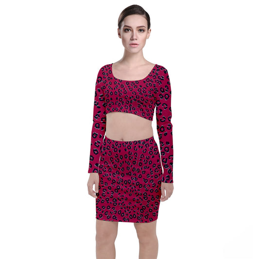 Red Cheetah Long Sleeve Crop Top & Bodycon Skirt Set