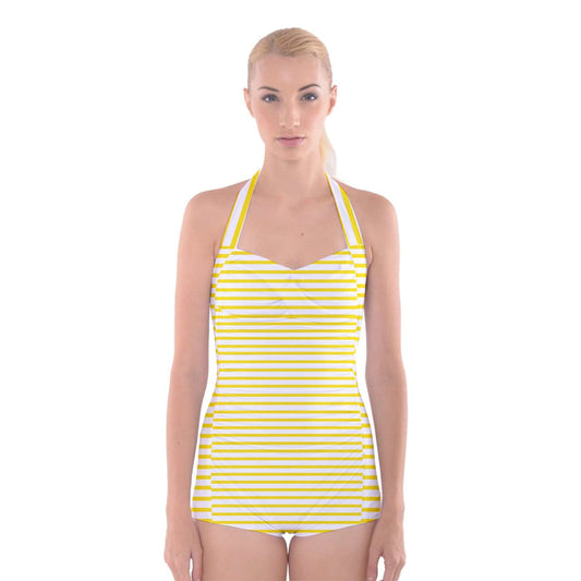 yellow beach stripe Boyleg Halter Swimsuit