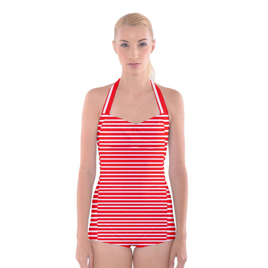 red beach stripe Boyleg Halter Swimsuit