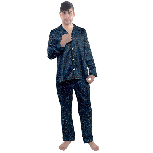 navy cheetah Long Sleeve Satin Pajamas Set