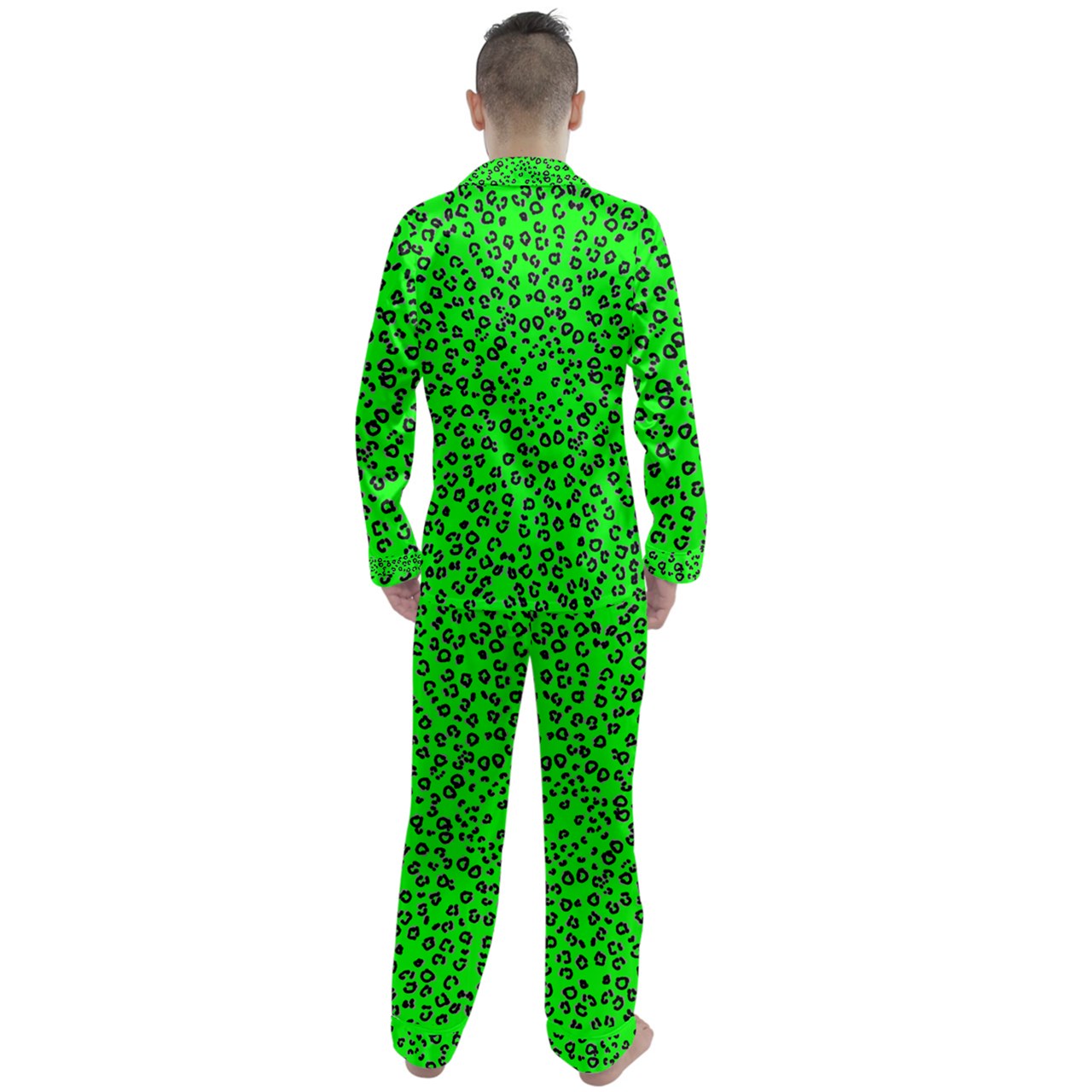 neon green cheetah Long Sleeve Satin Pajamas Set