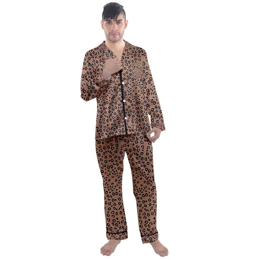 brown cheetah Long Sleeve Satin Pajamas Set