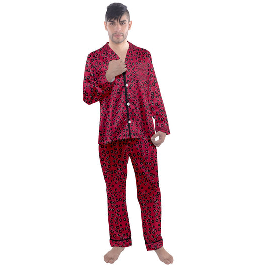 Red Cheetah Long Sleeve Satin Pajamas Set