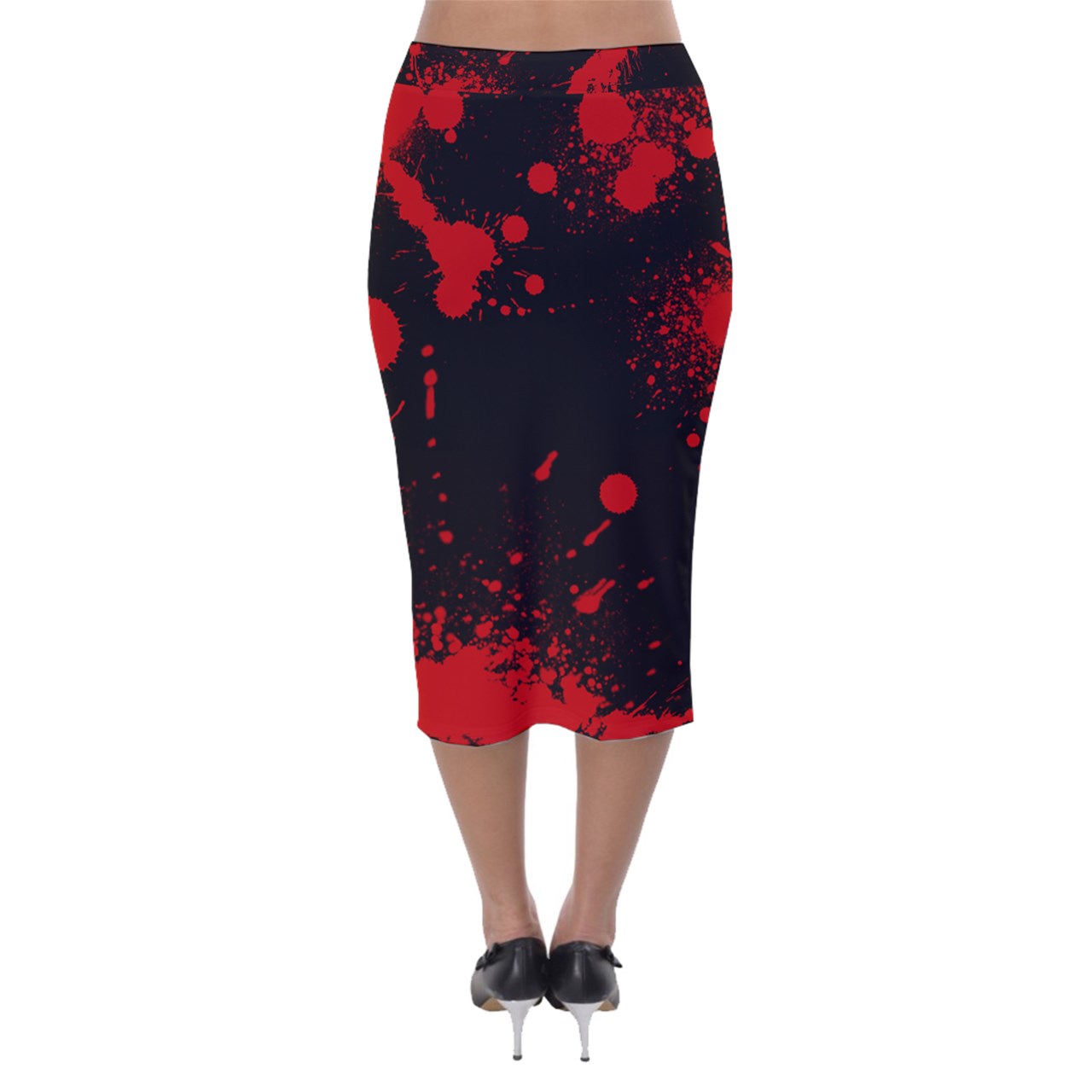 Black Blood Spatter Velvet Midi Pencil Skirt