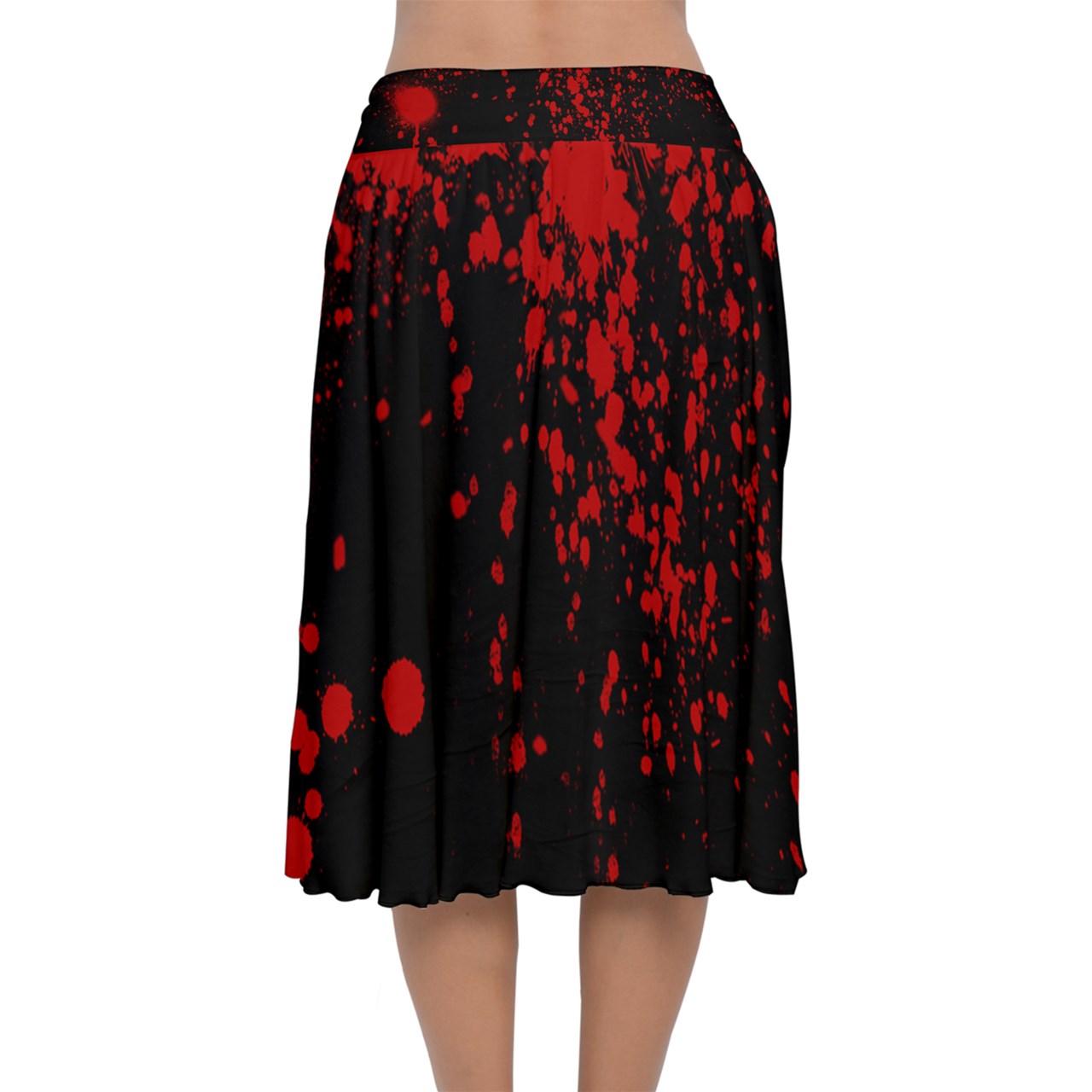 Black Blood Spatter Velvet Flared Midi Skirt