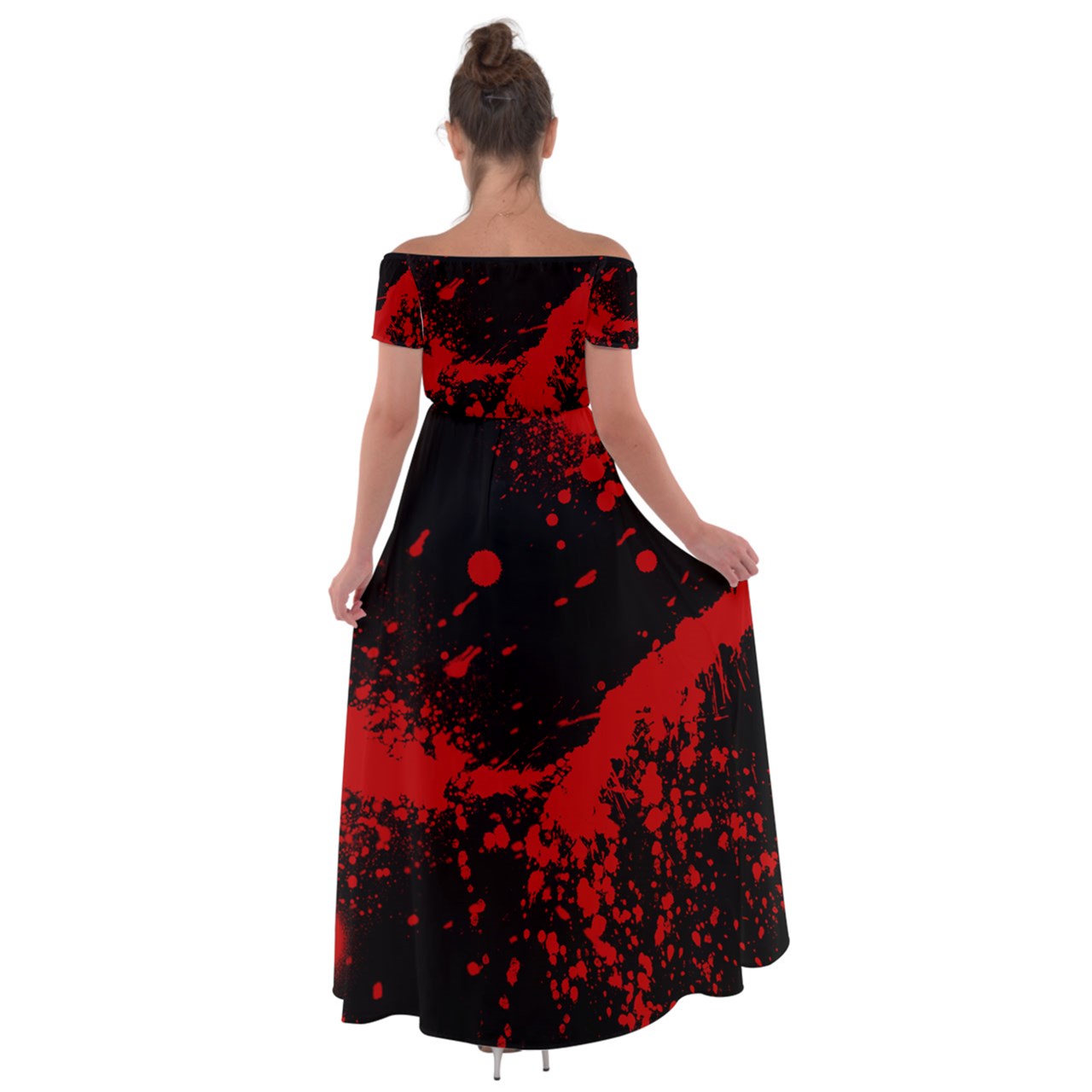Black Blood Spatter Off Shoulder Open Front Chiffon Dress
