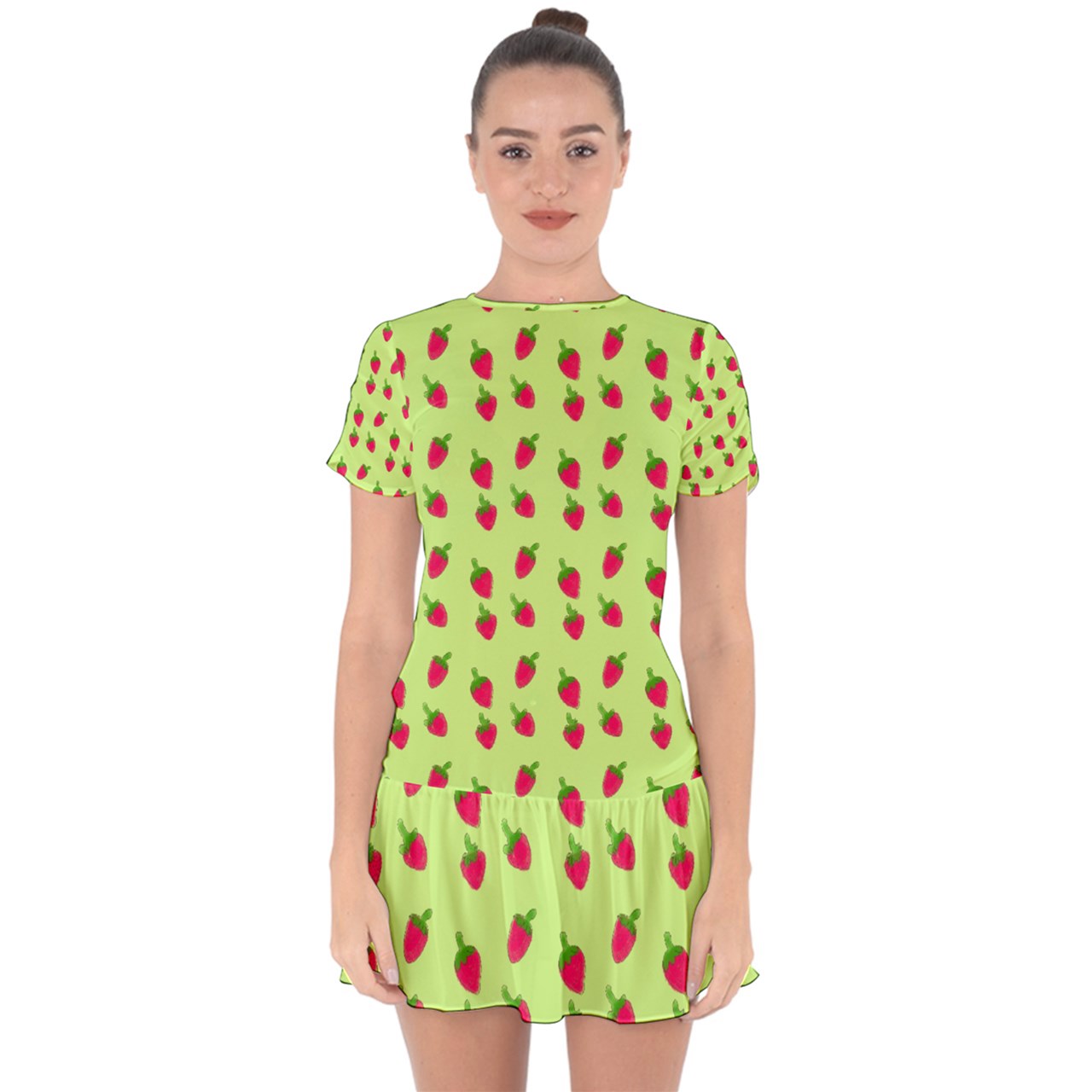 Watercolor Strawberries Drop Hem Mini Chiffon Dress