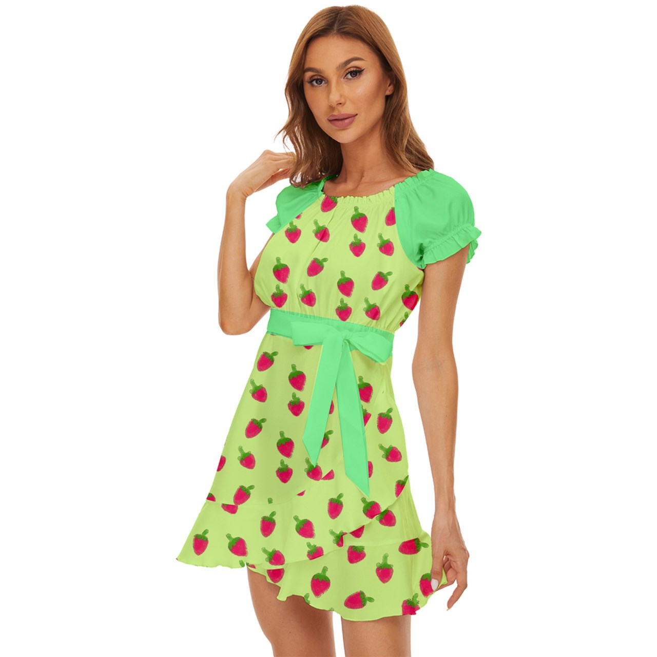 Watercolor Strawberries Puff Sleeve Frill Dress
