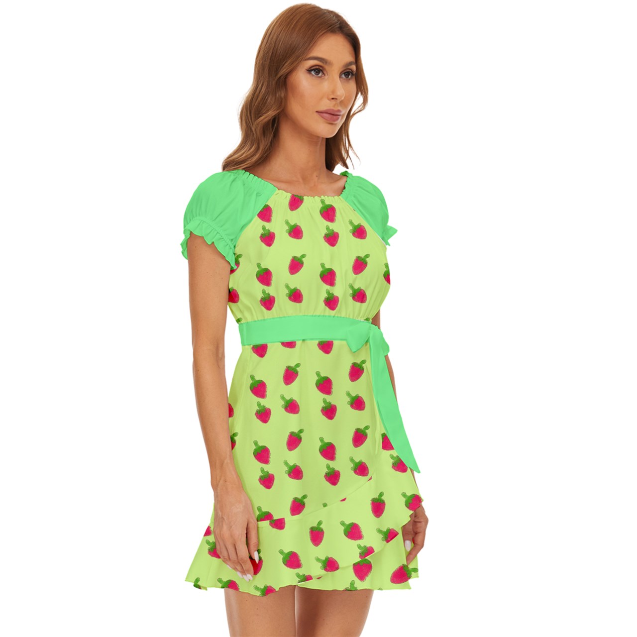 Watercolor Strawberries Puff Sleeve Frill Dress