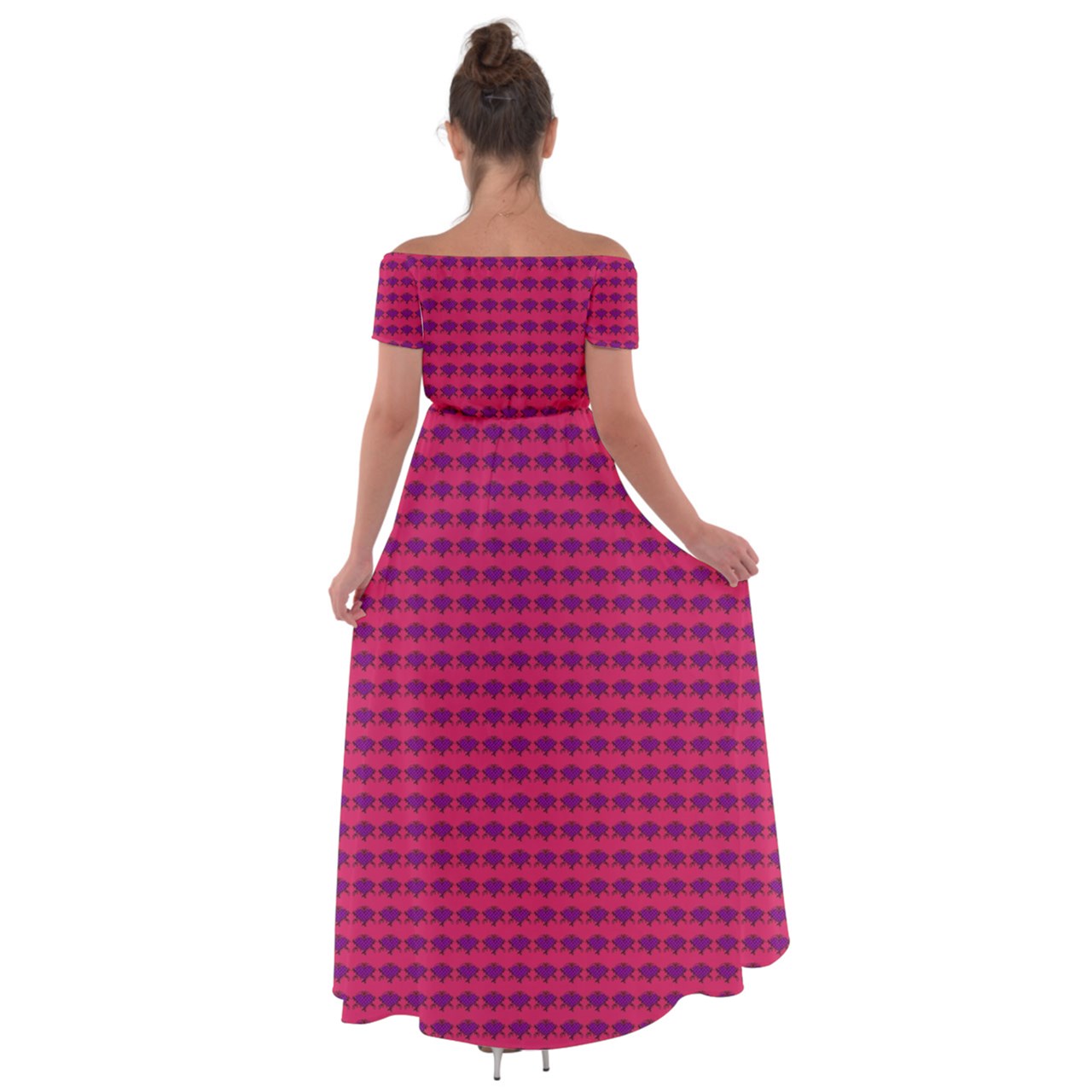 Fuchia Lace Tile Off Shoulder Open Front Chiffon Dress